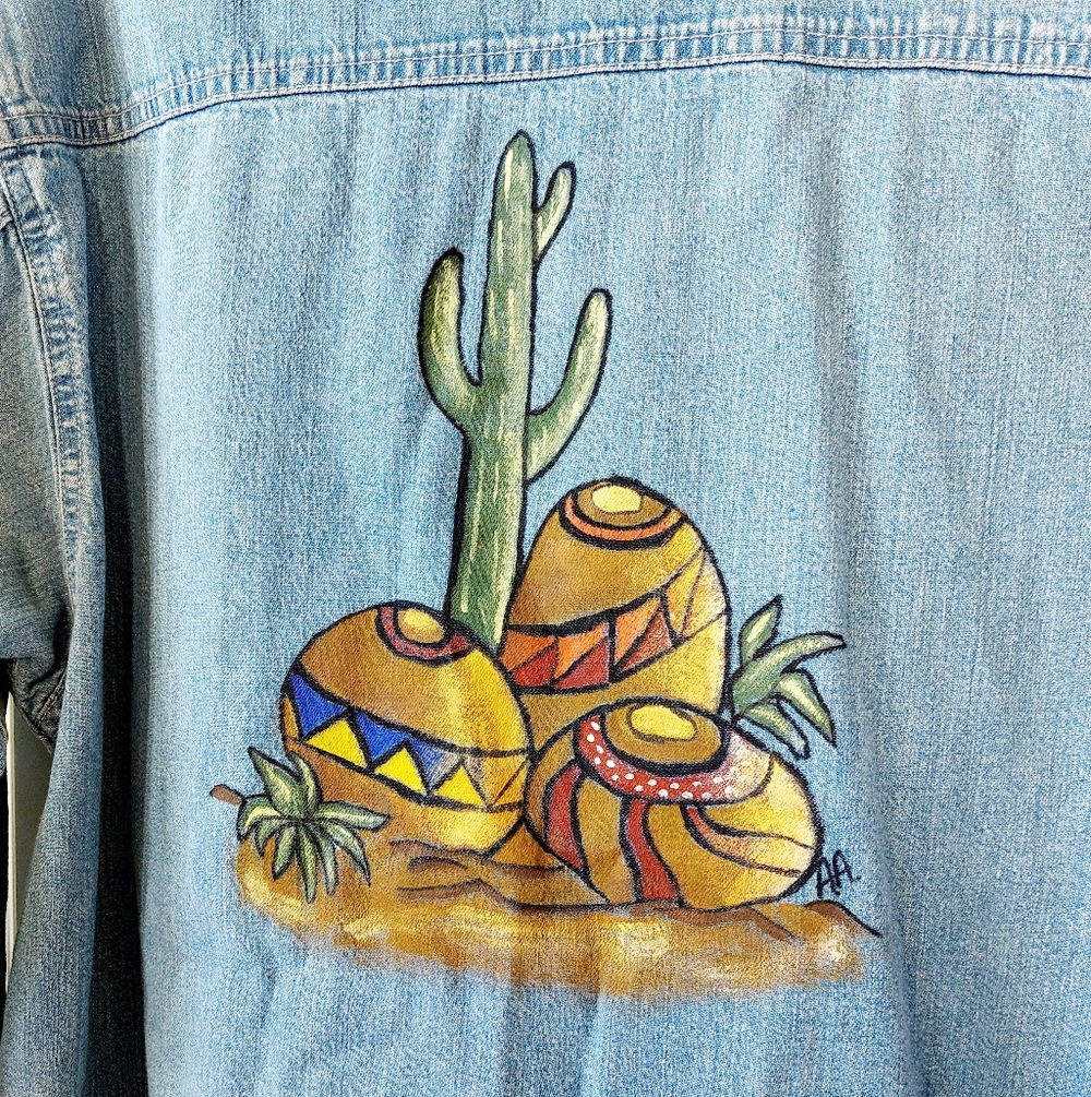 Handpainted Southwestern Cactus on Denim/Chambray Shirt size‎ Large Levi